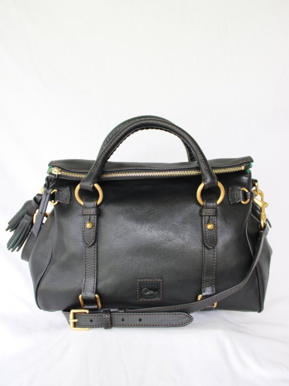 Dooney & Bourke black leather Florentine satchel purse tassel crossbody bag $588